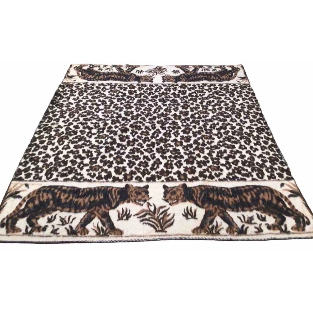 Vintage Santa Catalina Brown Tiger Print 100% Alpaca Wool Blanket Lima Peru